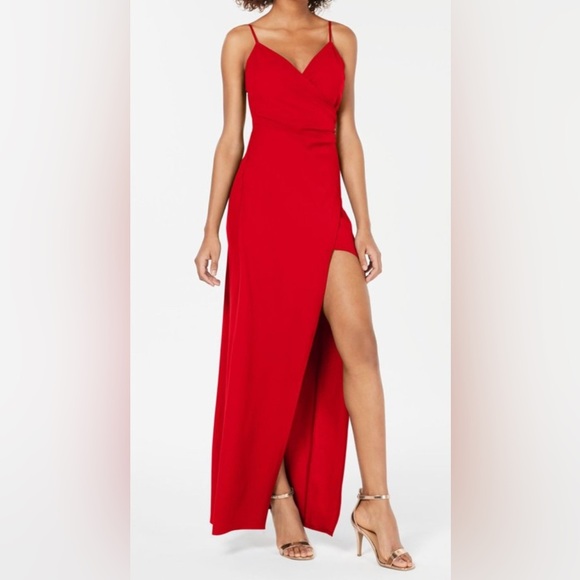 Emerald Sundae Red Ruched Wrap Maxi Dress— spaghetti strap evening gown - Picture 1 of 8